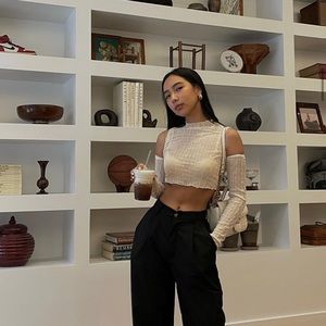 Sheer cropped long sleeve top with open shoulders